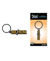 Wood Rocket He Him Keychain Black Gold with glittery design and keyring, showcasing pronoun colors.