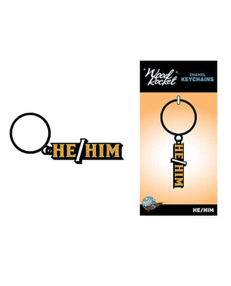 Wood Rocket He Him Keychain Black Gold with glittery design and keyring, showcasing pronoun colors.