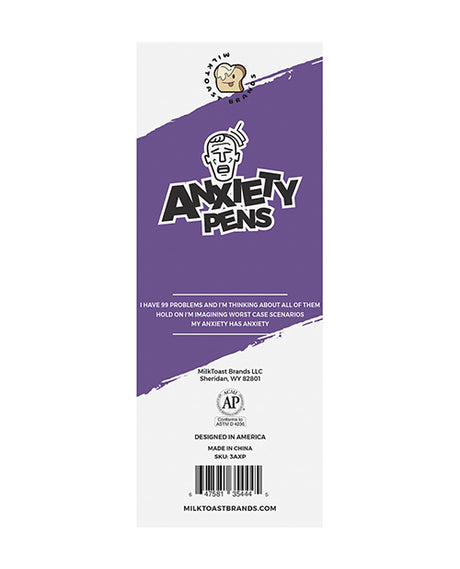 Wood Rocket Anxiety Pens 3 Pack packaging featuring humorous anxiety-themed design and text.