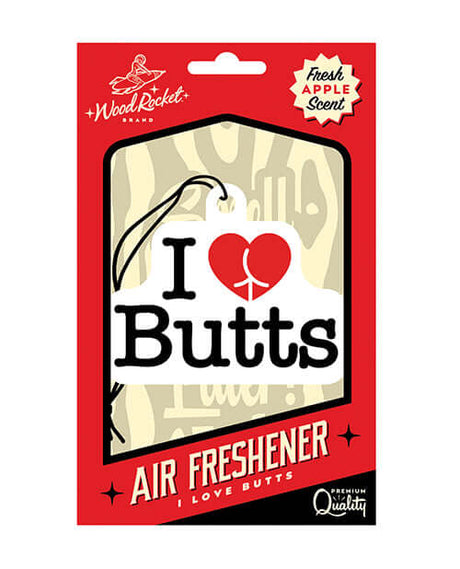 Wood Rocket I Love Butts Air Freshener Apple packaging featuring fresh apple scent and fun design.