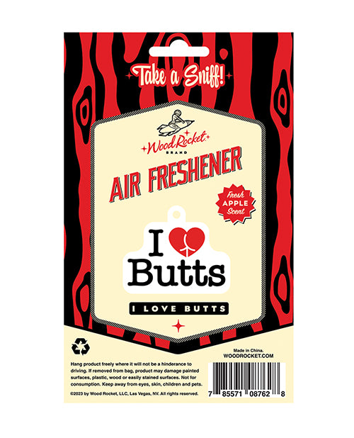Wood Rocket I Love Butts Air Freshener Apple packaging with fresh apple scent, perfect for hanging in cars or closets.
