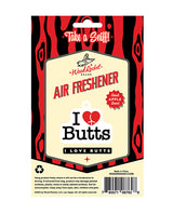 Wood Rocket I Love Butts Air Freshener Apple packaging with fresh apple scent, perfect for hanging in cars or closets.
