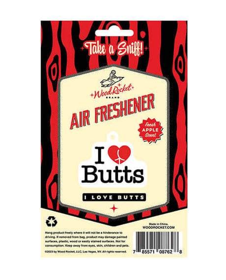 Wood Rocket I Love Butts Air Freshener Apple packaging with fresh apple scent, perfect for hanging in cars or closets.