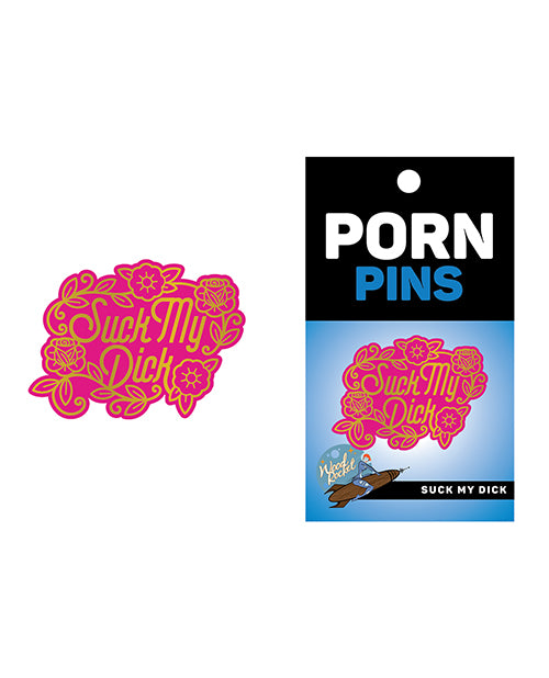 Wood Rocket Suck My Dick Enamel Pin Pink Gold displayed with packaging on a stylish background.