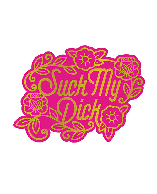 Wood Rocket Suck My Dick Enamel Pin Pink Gold featuring bold text and floral designs in pink and gold.