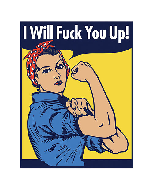 Wood Rocket I Will Fuck You Up Pin featuring a strong woman in a vintage style with a bold statement.