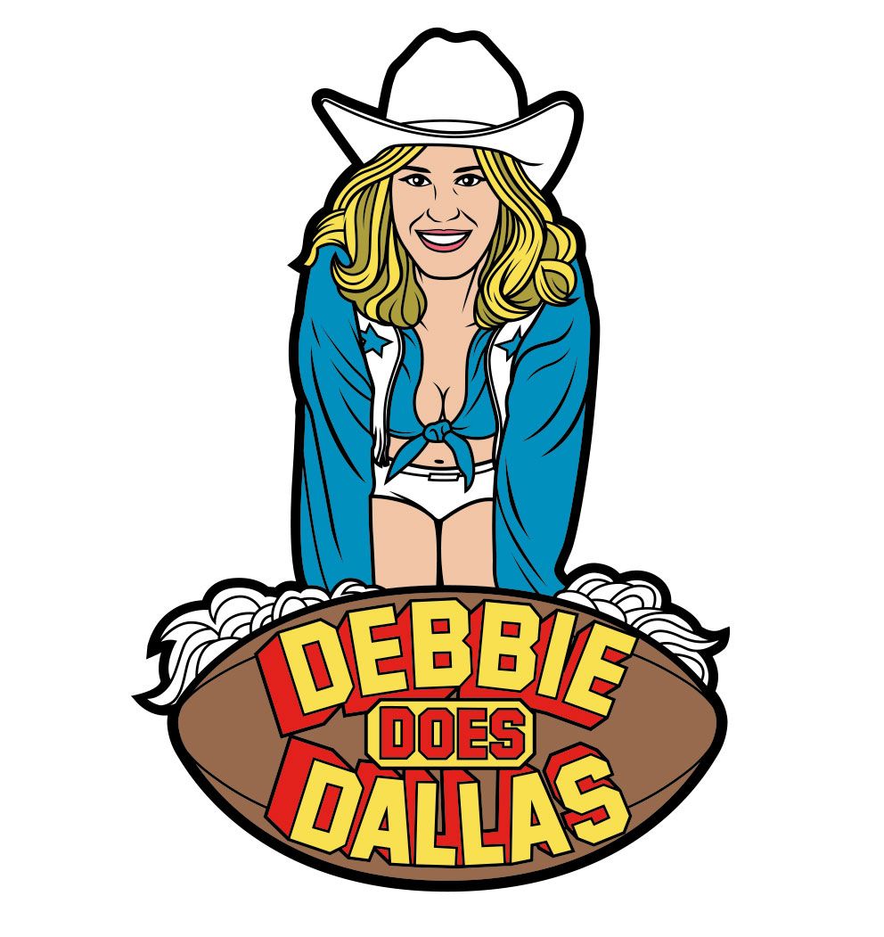 Wood Rocket Debbie Does Dallas Enamel Lapel Pin design featuring a playful character with a cowboy hat and fun text.