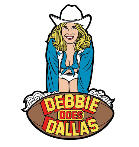 Wood Rocket Debbie Does Dallas Enamel Lapel Pin design featuring a playful character with a cowboy hat and fun text.