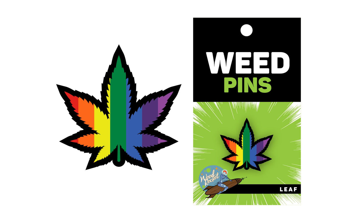 Wood Rocket Rainbow Marijuana Leaf Enamel Pin, colorful pot leaf design on a backing card.