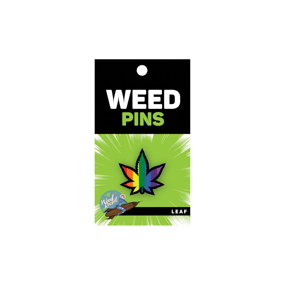 Wood Rocket Rainbow Marijuana Leaf Enamel Pin packaging with colorful leaf design and branding.