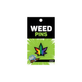 Wood Rocket Rainbow Marijuana Leaf Enamel Pin packaging with colorful leaf design and branding.