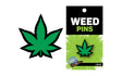 Wood Rocket Green Marijuana Leaf Enamel Pin displayed with packaging, perfect for showing 420 pride.