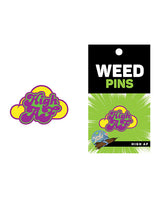 Wood Rocket High AF Weed Enamel Lapel Pin showcasing colorful design with funny text and packaging.