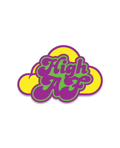 Wood Rocket High AF Weed Enamel Lapel Pin colorful design with 'High AF' phrase on a cloud background.