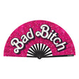 Wood Rocket Bad Bitch Folding Hand Fan Bamboo Satin in vibrant pink with bold 'Bad Bitch' slogan and sparkling design.