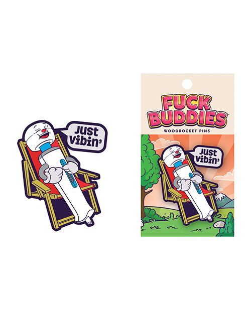 Fuck Buddies Just Vibin Enamel Pin Multicolor featuring a cute vibrator design, playful caption and vibrant colors.