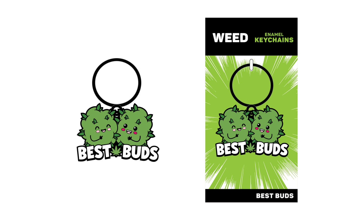 Wood Rocket Best Buds Enamel Keychain Green featuring two smiling bud characters on a keychain design.