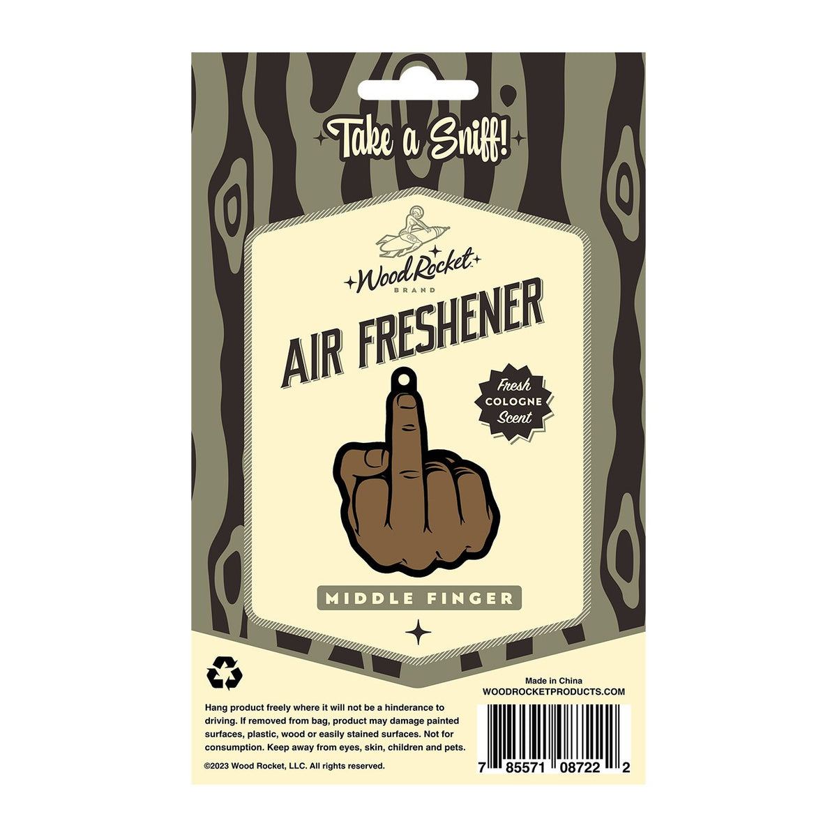 Wood Rocket Middle Finger Brown Air Freshener packaging with bold design and fresh cologne scent.