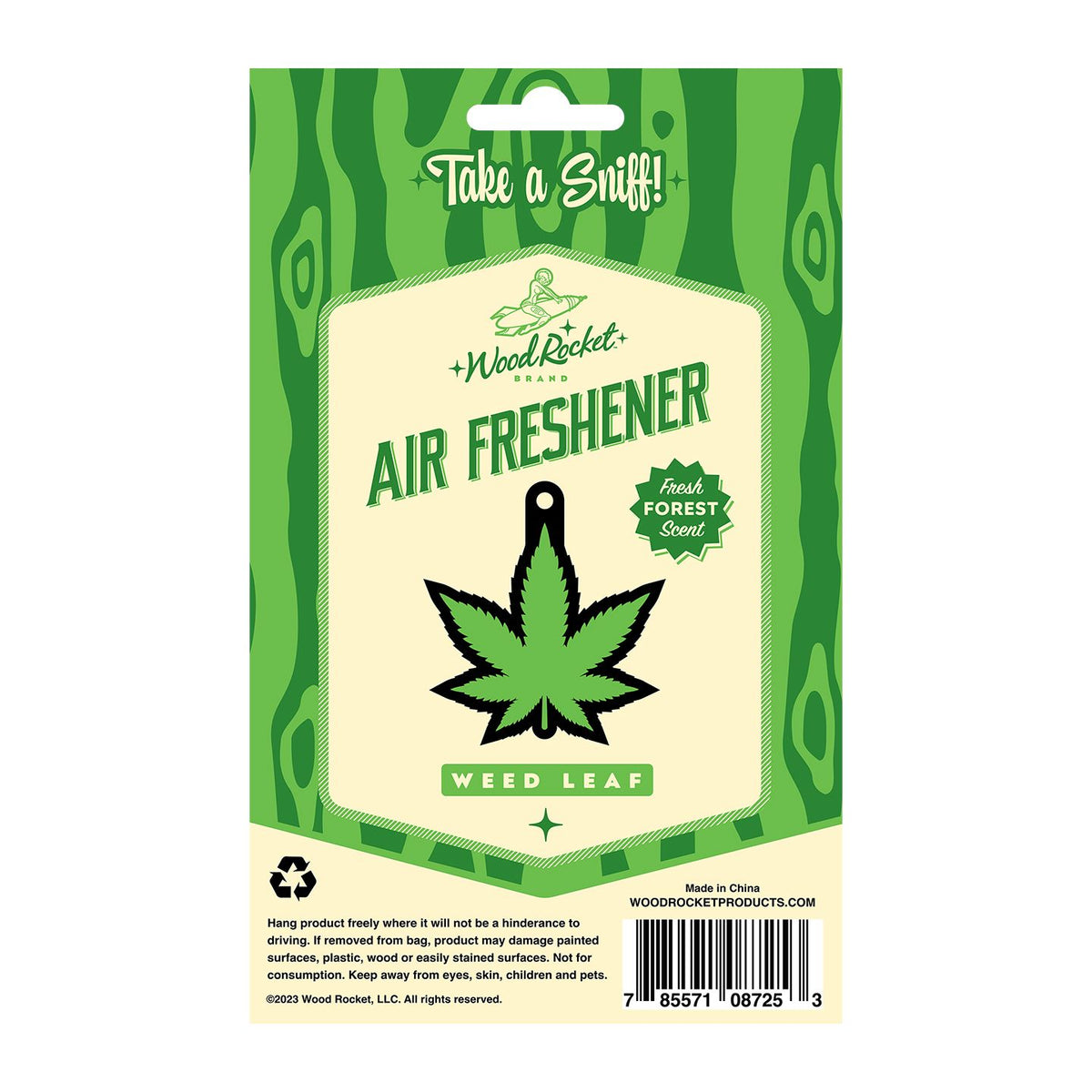 Wood Rocket Green Leaf Air Freshener Forest Scent packaging featuring a cannabis leaf design and forest fragrance.