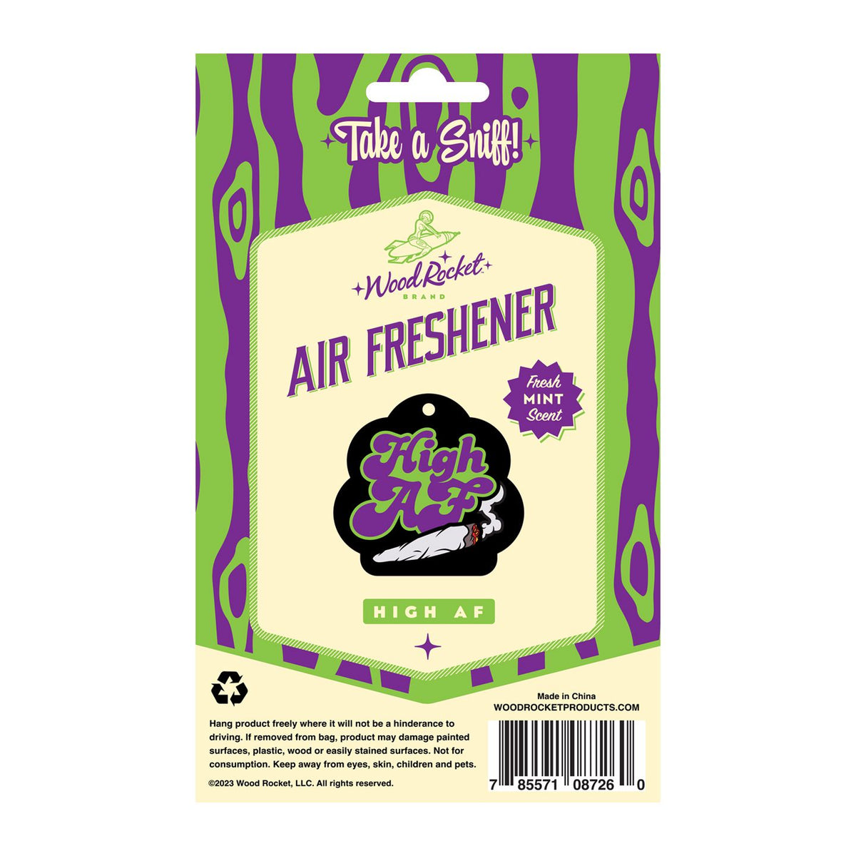 Wood Rocket High AF Air Freshener Fresh Mint packaging featuring a fun design and fresh mint scent.