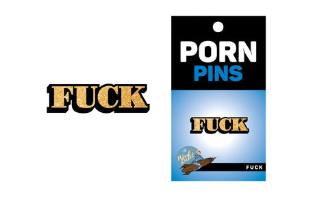 Wood Rocket Fuck Enamel Pin Adult Novelty attached to packaging showcasing bold lettering and playful design.