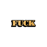 Wood Rocket Fuck Enamel Pin Adult Novelty with glittery gold lettering on a white background.