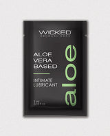 Wicked Sensual Care Aloe Vera Intimate Lubricant sample packet, highlighting soothing and moisturizing properties.