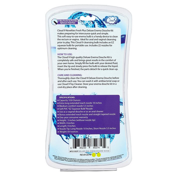 Cloud 9 Deluxe Anal Enema Douche Kit 10.8 Oz instructions and specifications on the back of the packaging.