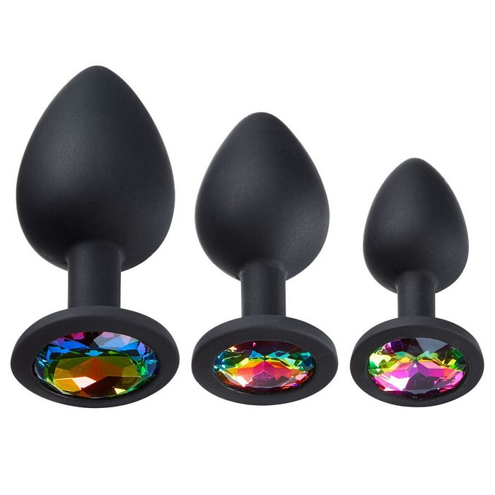 Cloud 9 Gems Black Silicone Anal Plug Kit featuring three sizes with smooth black silicone and colorful gem accents.