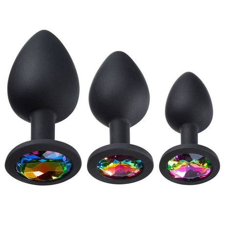 Cloud 9 Gems Black Silicone Anal Plug Kit featuring three sizes with smooth black silicone and colorful gem accents.