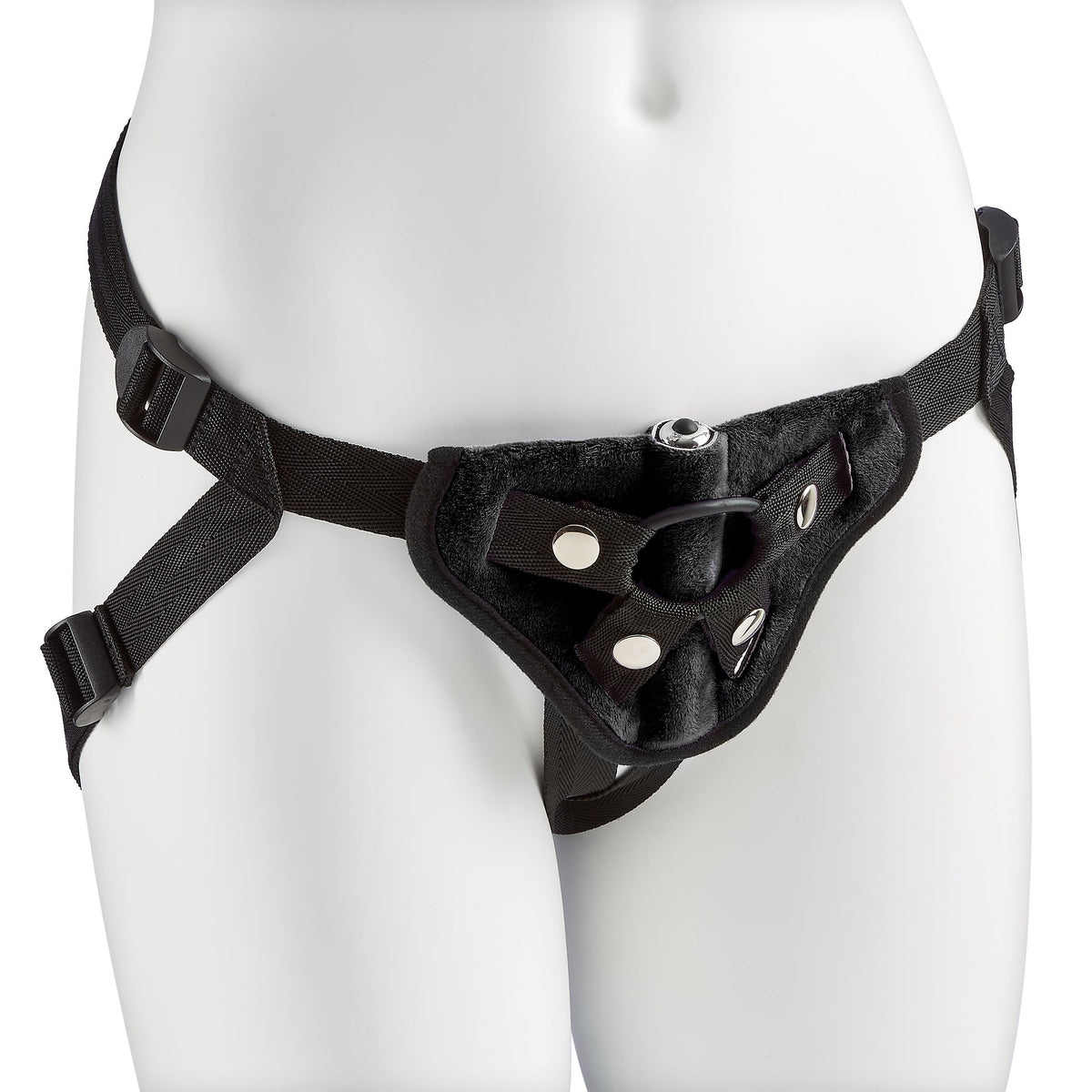 Cloud 9 Pro Sensual Strap-on Harness Kit Black on a mannequin, showcasing adjustable black straps and cushioned pad.