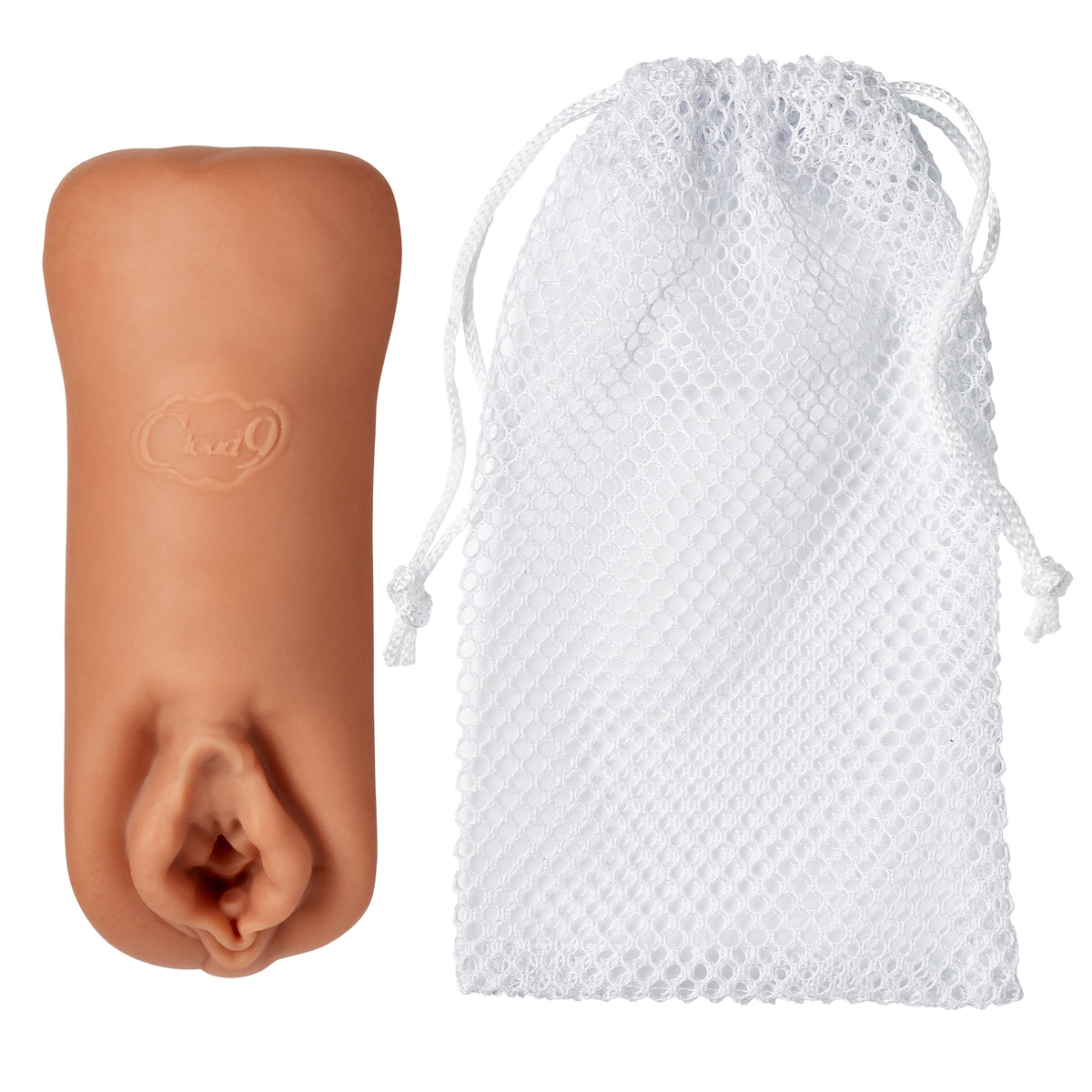 Cloud 9 Double Ended Beaded Stroker Tan with mesh storage bag, featuring dual entry points for enhanced pleasure.