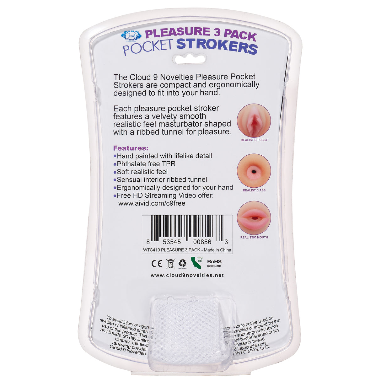 Cloud 9 Trio Stroker Pussy Ass Mouth Masturbator Kit packaging showing three unique strokers for enhanced pleasure.