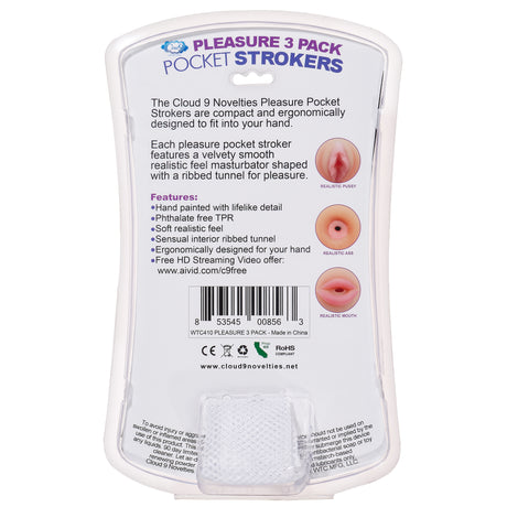 Cloud 9 Trio Stroker Pussy Ass Mouth Masturbator Kit packaging showing three unique strokers for enhanced pleasure.