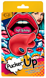 Pucker Up Lips With Ergonomic Finger Hold Red Vibrator packaging featuring playful design and product details.