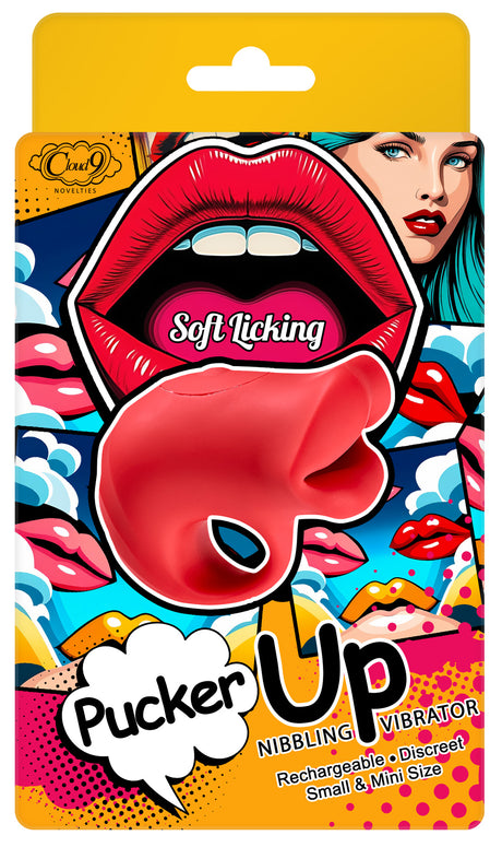 Pucker Up Lips With Ergonomic Finger Hold Red Vibrator packaging featuring playful design and product details.