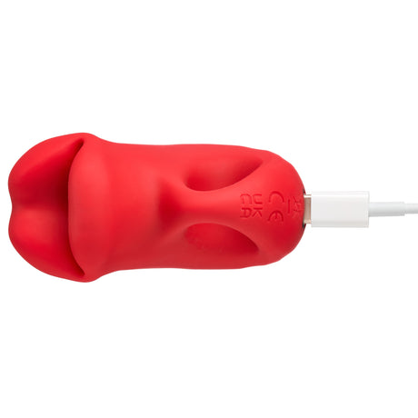 Pucker Up Lips With Ergonomic Finger Hold Red Vibrator charging in red color, designed for playful clitoral stimulation.
