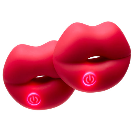 Cloud 9 Naughty Nips Vibrating Nipple Clamp Pair Red with playful lip-shaped design and glowing controls.