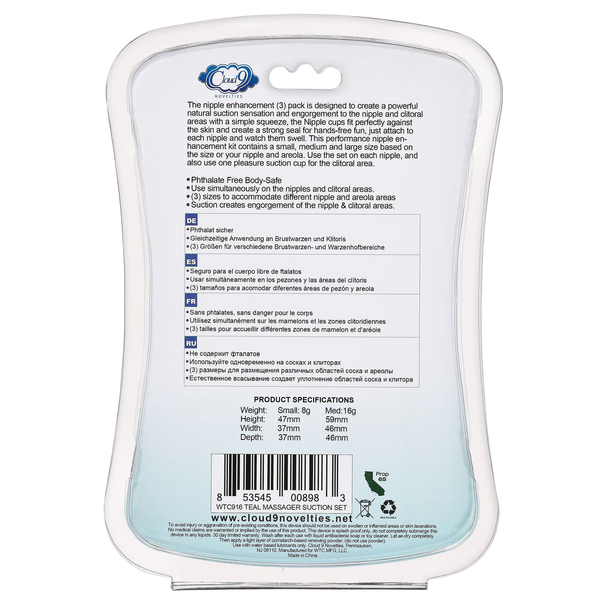 Health & Wellness Nipple & Clitoral Massager Suction Set Teal product packaging with specifications and instructions.