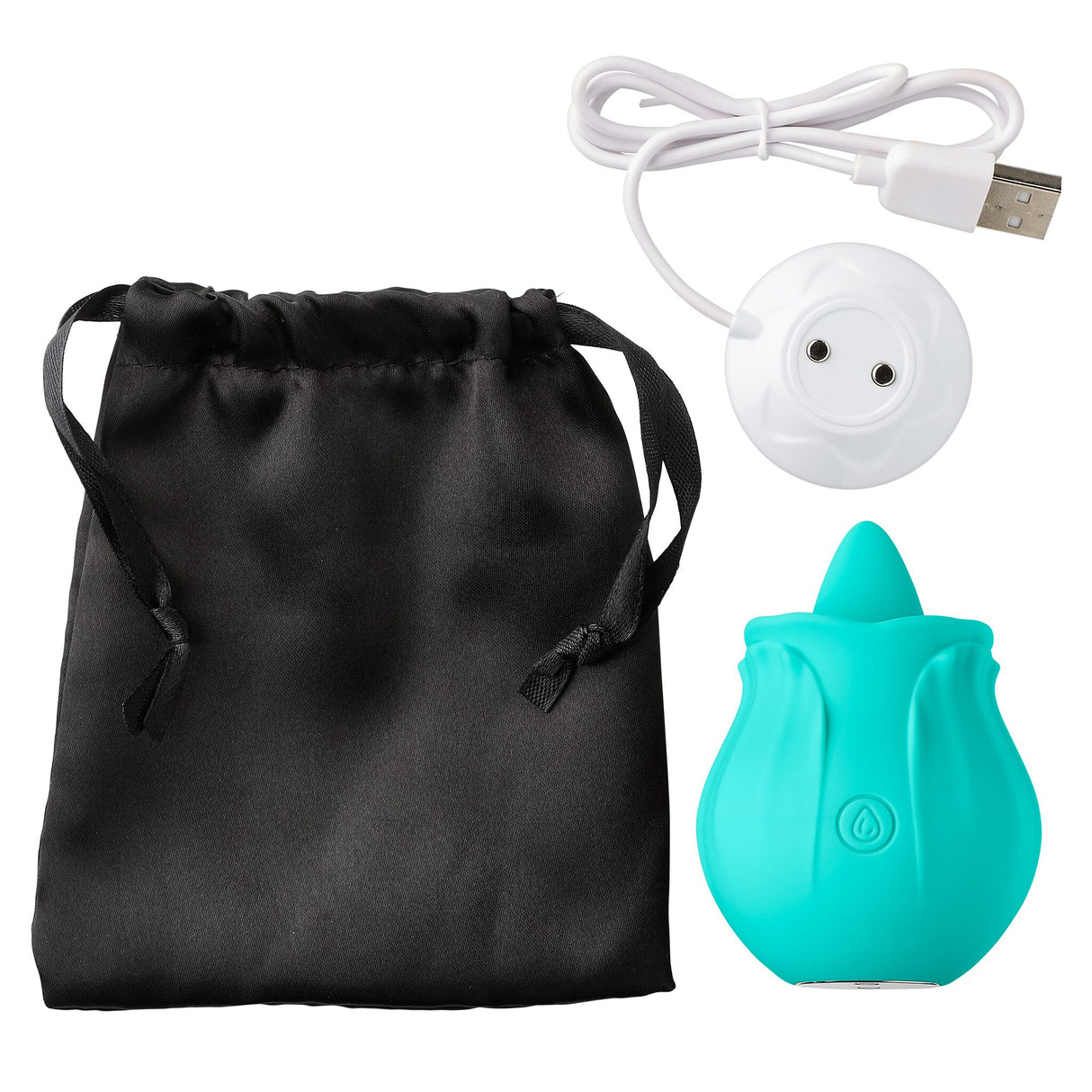 Cloud 9 Health & Wellness Flutter Oral Tongue Stimulator Teal, USB charger and black storage pouch.