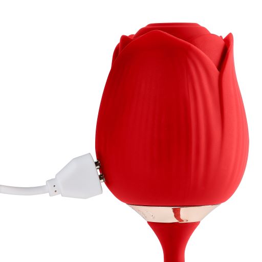 Image of Cloud 9 Rose Plus Thrusting & Suction Pleasure rechargeable stimulator with charging cable.