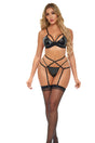 Main Attraction 3 Pc Latex Bra Set Medium/Large Black showcased by a model in a seductive pose.