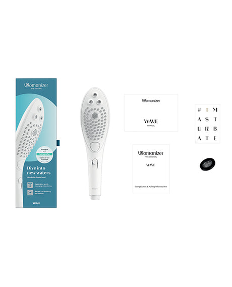 Womanizer Wave Shower Head Clitoral Stimulator White with packaging and accessories displayed