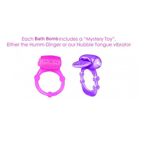 Hearts Aflame Erotic Lovers Bath Bomb includes a mystery toy: Humm-Dinger or Nubbie Tongue vibrator.