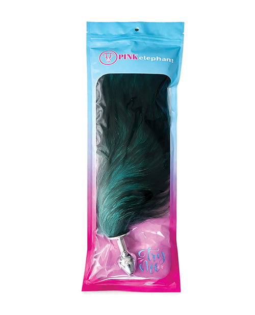 Fox Tail Large Stainless Steel Butt Plug Teal in packaging with lush teal faux fur and polished metal, perfect for roleplay.