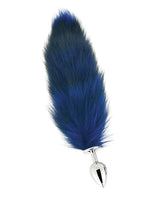 Pink Elephant Fox Tail Large Steel Butt Plug Blue with a faux fur tail and stainless steel plug.