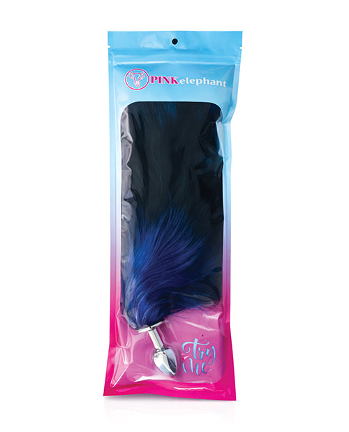 Pink Elephant Fox Tail Large Steel Butt Plug Blue in packaging with faux fur tail and stainless steel plug.