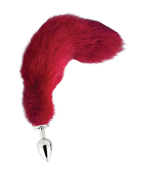Stainless Steel Fox Tail Large Butt Plug Cherry Red with sleek metal plug and flowing cherry red faux fur tail.