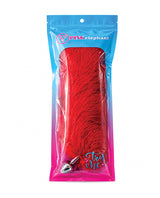 Stainless Steel Fox Tail Large Butt Plug Cherry Red in packaging by Pink Elephant World, featuring a vibrant red faux fur tail.