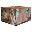 Xkin Rina Brooks Dual Entry Vibrating Masturbator Beige packaging with model, featuring dual openings and advanced materials.